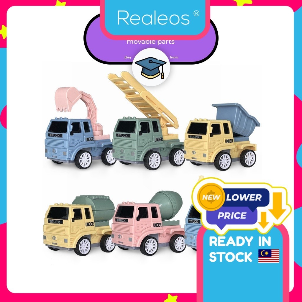 Realeos Macaron Toy Car Excavator Construction Truck Toys for Kids Boy Driller Road Roller Bulldozer Mainan Lori TB002