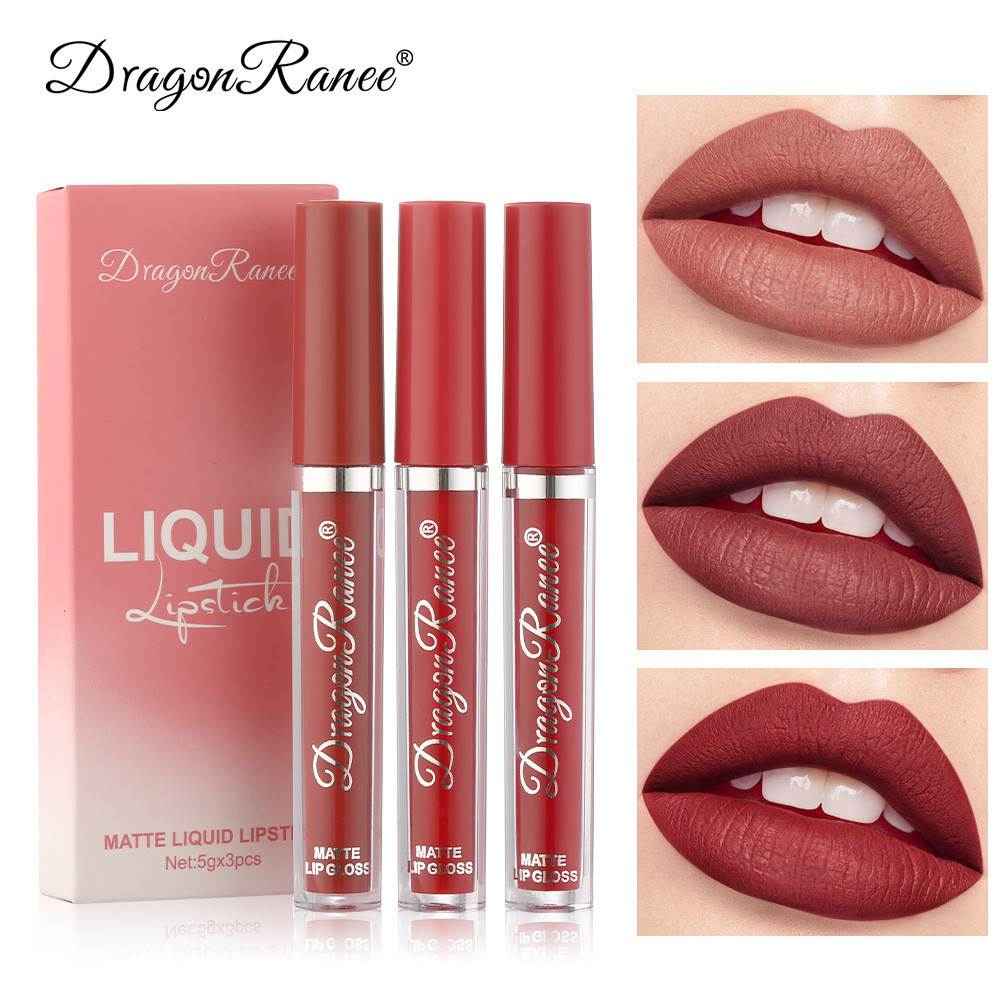 Lip Gloss Velvet Matte Matte Lipstick Small Orange Milk Tea Bean Paste Color Lip Gloss Genuine Lip Gloss Moisturizing Lip Gloss Three-Piece Set Waterproof Non-Fade Non-Stick Cup Lip Gloss Lip G