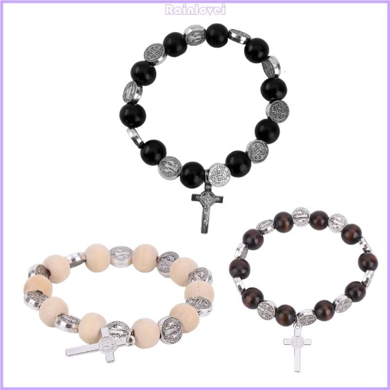 RAINL Handcrafted Prayer Bead Bangle Traditional Cross Charm Handchain Rosary Beaded Bracelet Religion Eid Jewelry