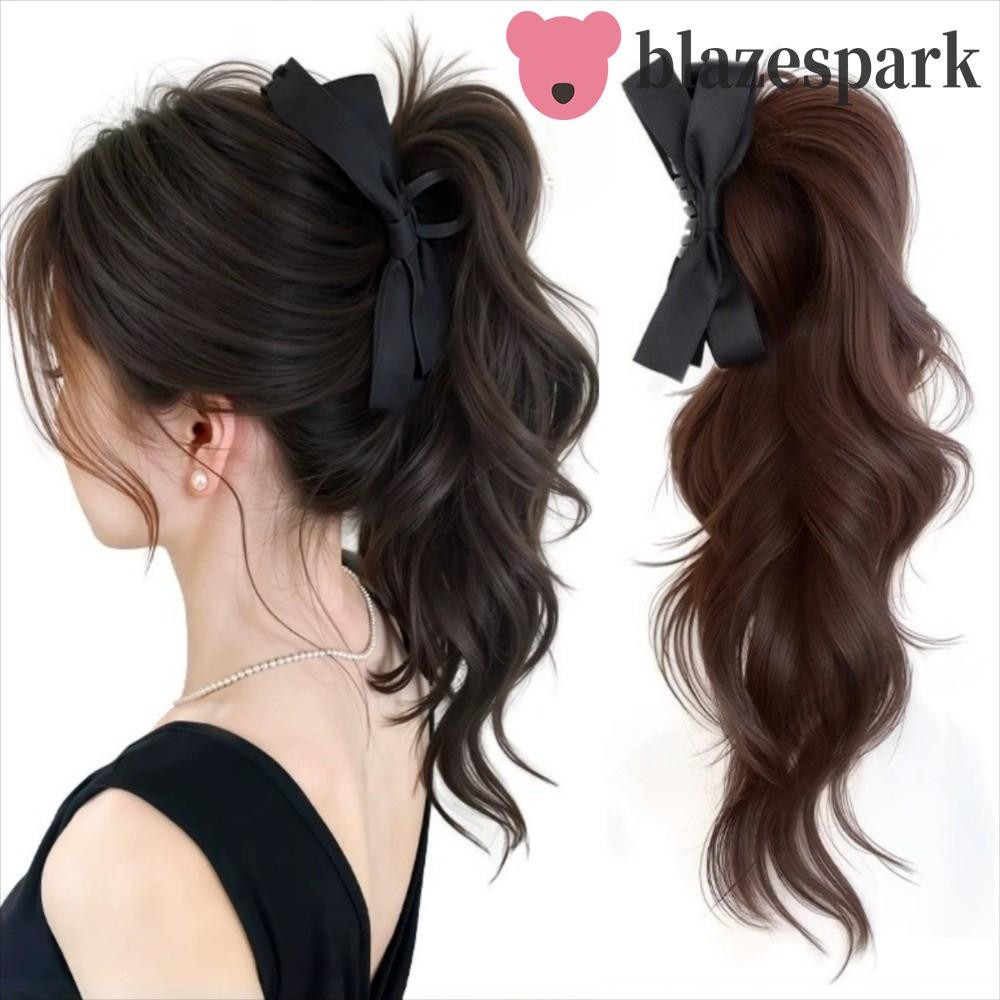 BLAZESPARK Long Claw Clip Wig, Korean Style Synthetic Bow Wavy Curly Ponytail, Trendy Natural Fake Fluffy Pony Tail Hair piece for Women