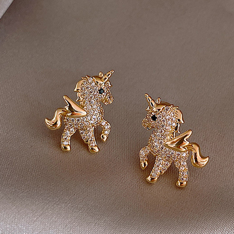 Kroean 24K Gold Plated Unicorn Pony wings diamond Ear Stud earrings Women Jewelry Gift