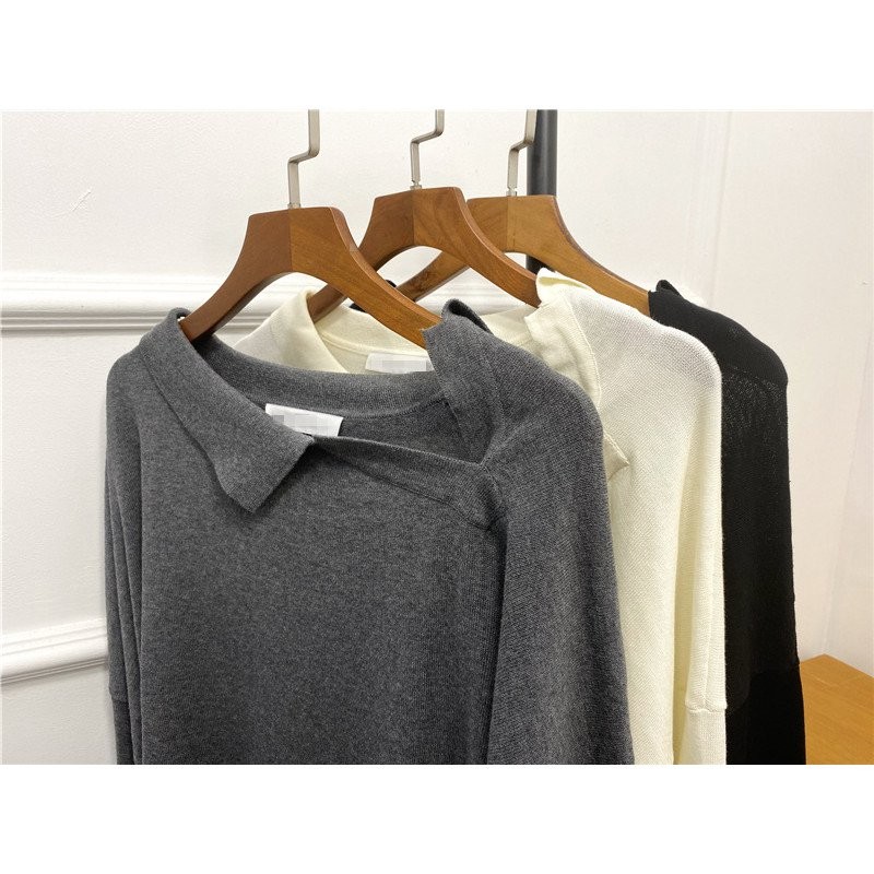 Swedish Niche VC Diagonal Collar Sweater Women Thin Style Spring Autumn Simple Casual Loose Pullover Long Sleeve Top