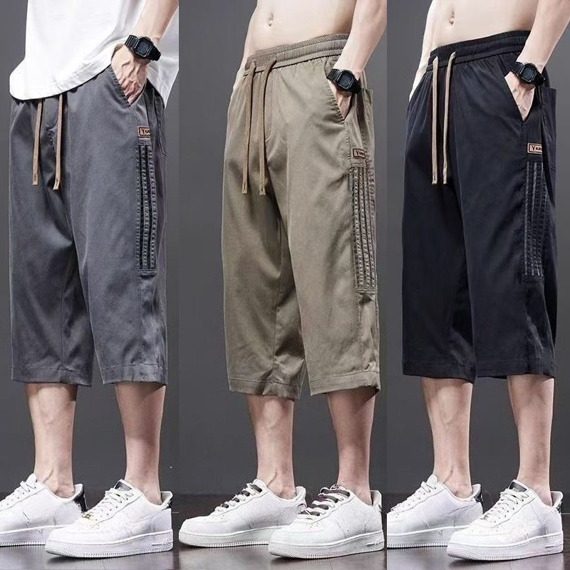 [M-5XL] Men's Ice Silk Quick Dry Cropped Trousers Summer Breathable Loose Striped Casual Knee Length Shorts Plus Size