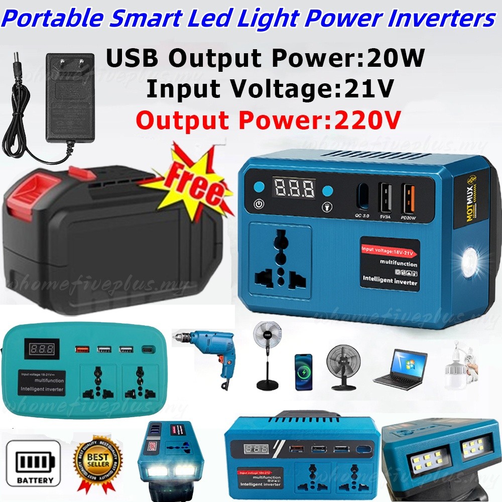 【COD】Portable Power Inverters with Led Light for 20V Battery Inverter 20v-220v Converter with 4USB,AC Outlet and TypeC Adapterfor 150w High Power Electrical Appliances For Outdoors