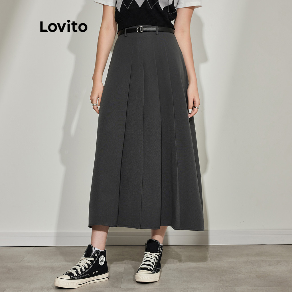 LVT-090 Lovito Casual Plain Pleated Asymmetrical Women Skirt L45AD051 (Grey) 西装布 A Line 褶裙 深灰色