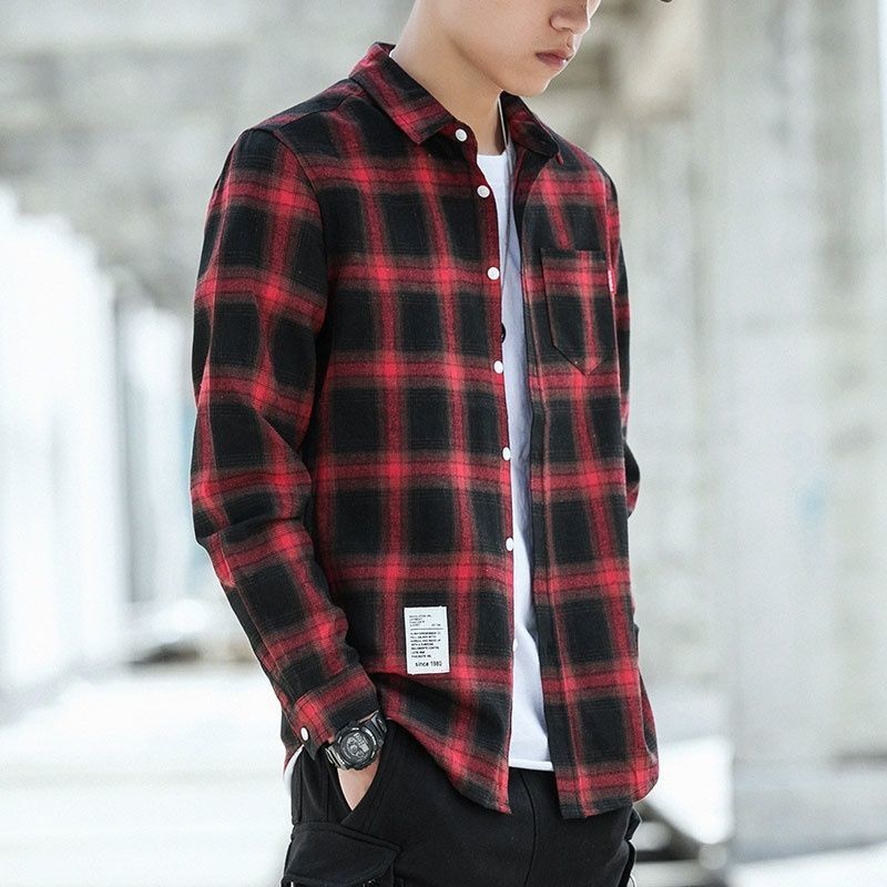 Men's Plaid Shirt Long Sleeve Cotton Casual Shirt Slim Buttons Business Social Shirts Blouse for Men