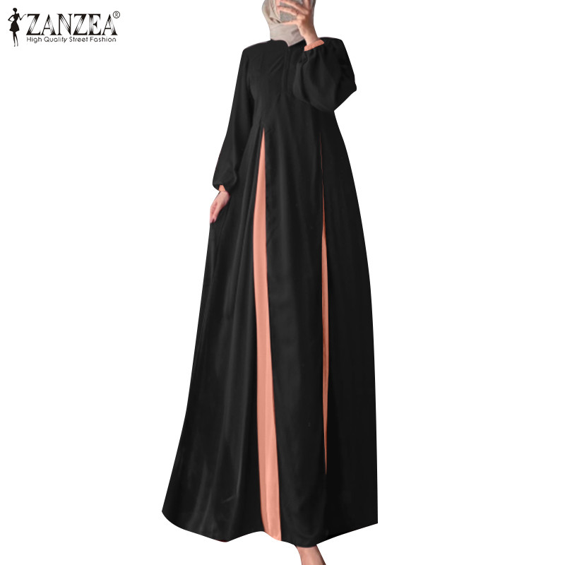 ZANZEA Women Muslim Street Fashion Long Sleeve Puff Sleeve Contrast Color Fake Two Piece Dress