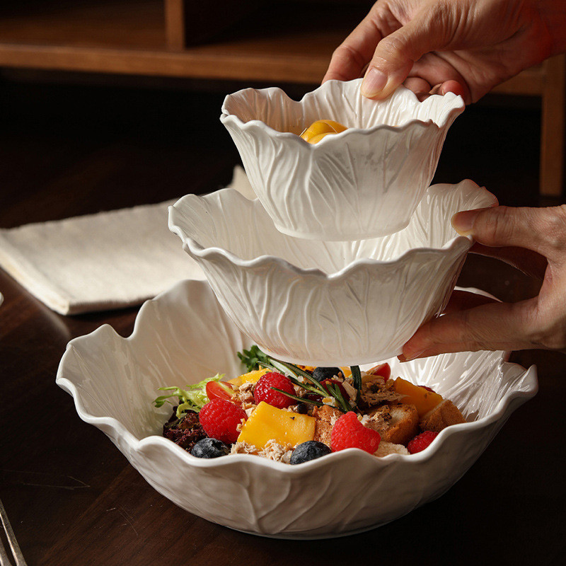 Ceramic Flower Deep Bowl Pure White Creative Cabbage Embossed Tableware Fruit Vegetable Salad Bowl Yogurt Oatmeal Bowl Soup Bowl