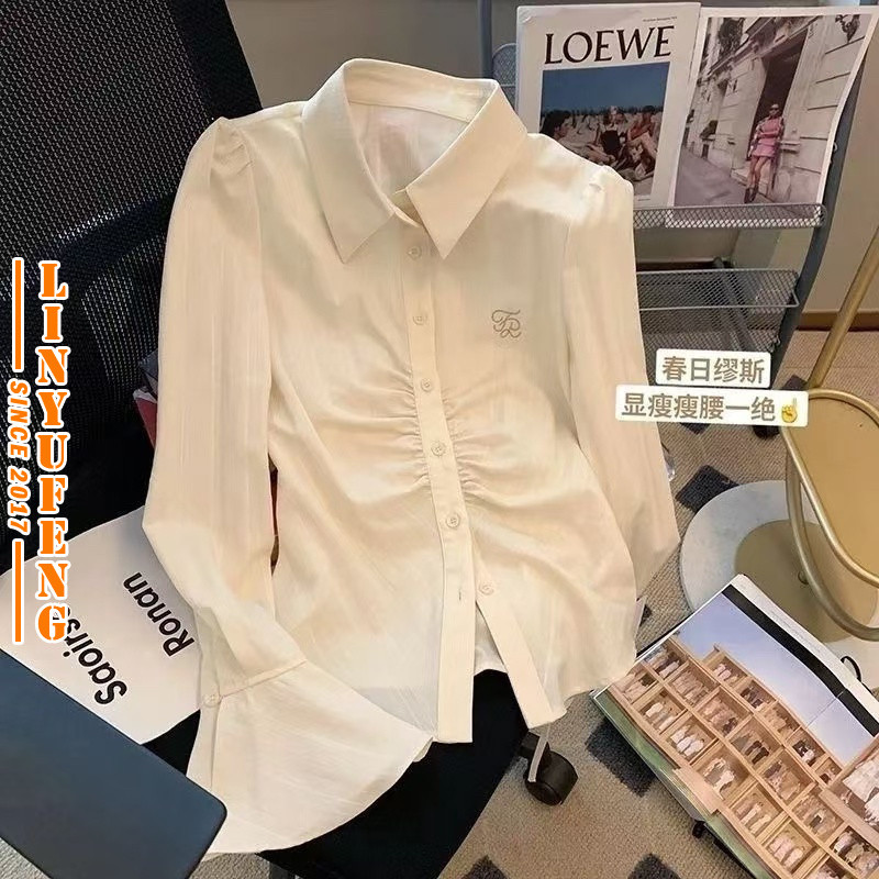 Linyufeng Tunic Blouse Women Outfit Korean Style White Blue Classy ironless Ladies Slim Waist Pleated Long Bell Sleeve Shirt Baju Kemeja Putih Biru Perempuan Wanita Terkini Murah Cantik