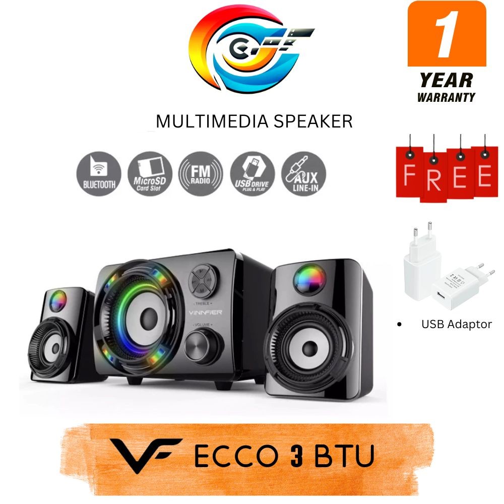 Vinnfier VF ECCO 3 BTU 2023 Bluetooth Speaker 2.1 Stereo 7 Color Pulsating LED 2.1 speaker FM Radio Micro SD card