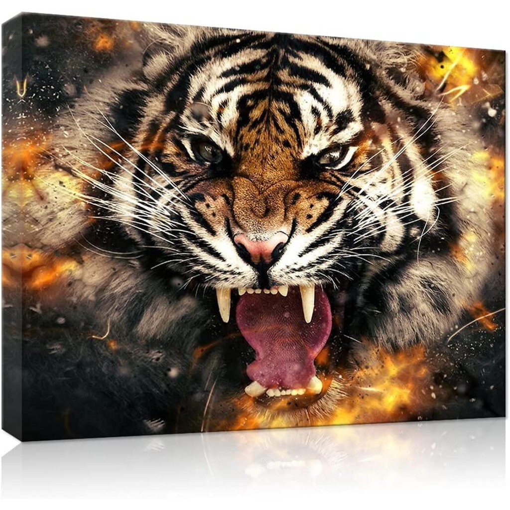 Fire Tiger Canvas Print Wildlife Wall Art Big Cat Poster Painting Giclee Modern Artwork Home Decor Stretched and Framed for Bedroom Living Room Office