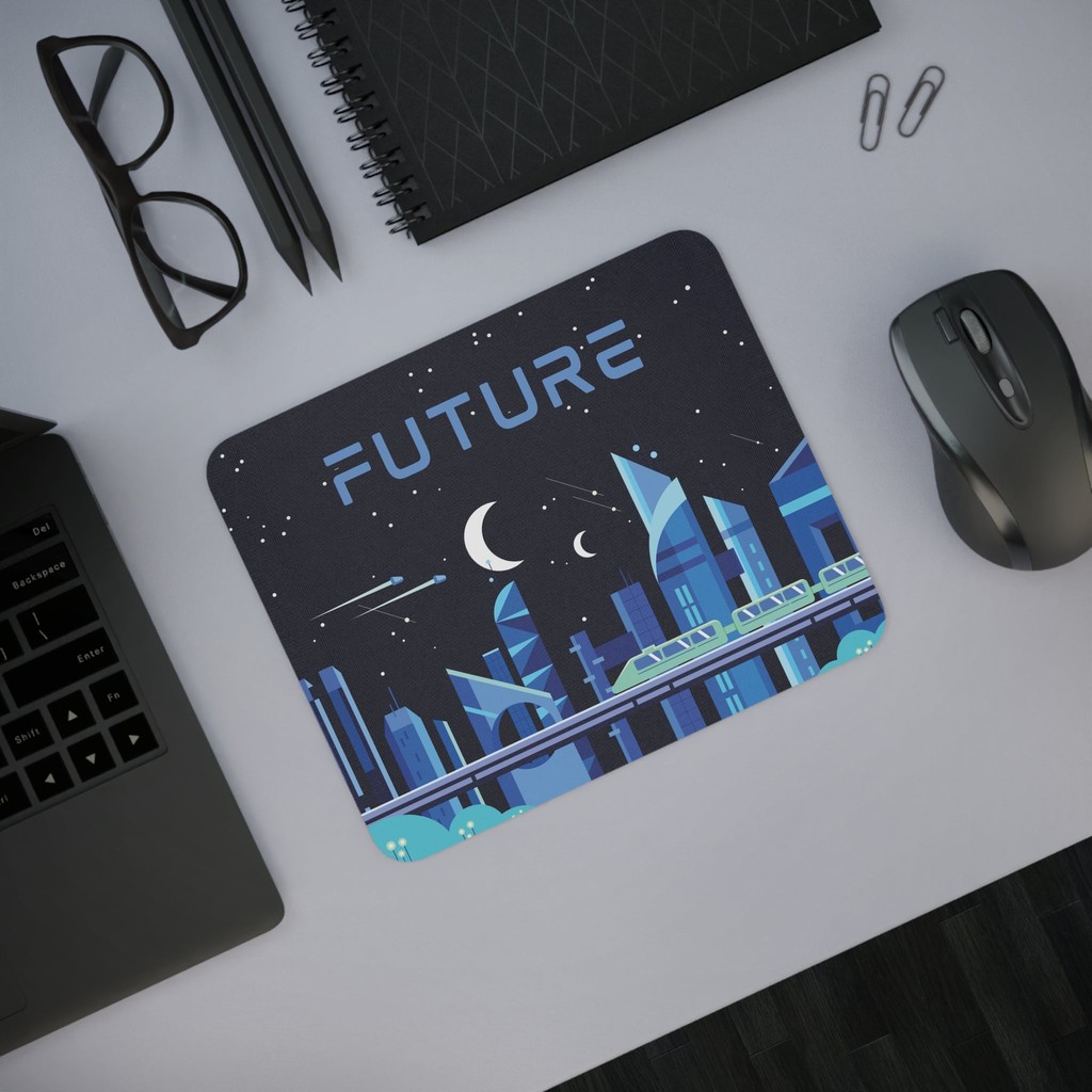 Cerulean Navy Modern Tech Illustrative City Night Future Mouse Pad