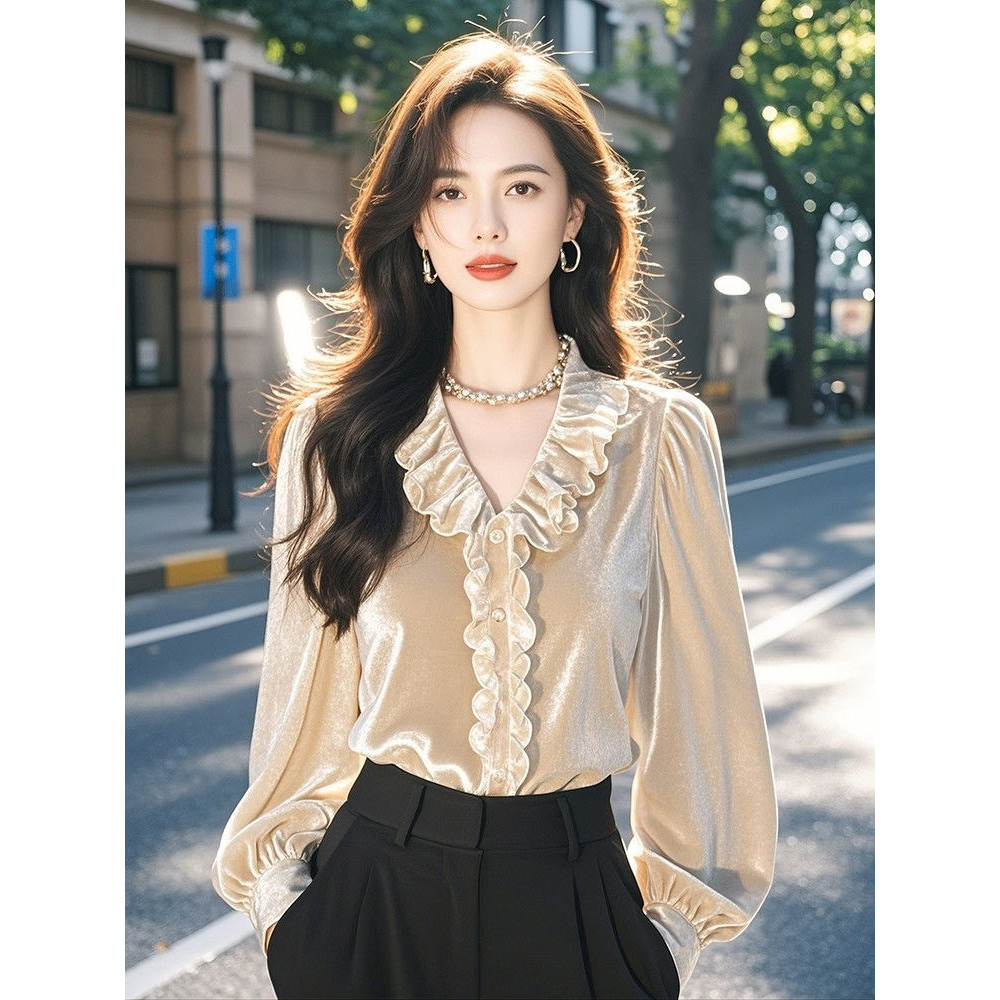 Miss Zheng chic Beautiful Small Shirt Apricot Long-Sleeved Velvet Shirt Women 2024 Autumn Hong Kong Style Retro chic Fashion Loose Top