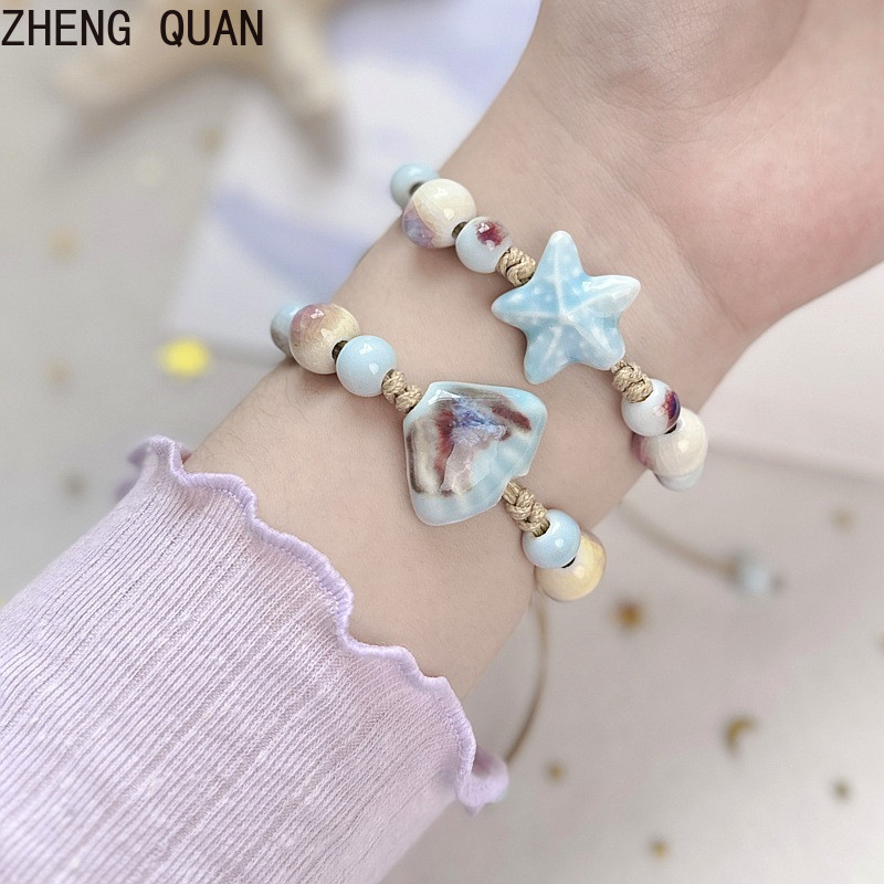 Vibrant Ceramic Bracelet Starfish Beaded Braided Bracelets Handcrafted Bohemian Beach Jewelry for Women Fashion Colorful Summer Gift Ceramic Woven Cord