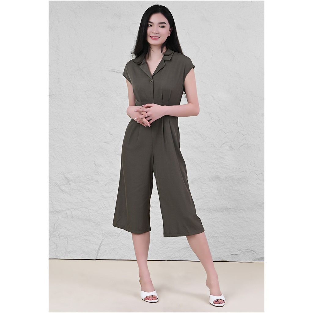 Plain B. Collar Jumpsuits Green/Black - PBJS81
