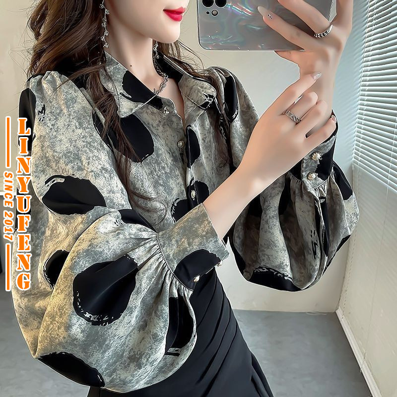 Polka Dot Blouse Women Elegant Vintage Lantern Long Sleeve Retro Loose Casual Korean Style Black Ironless Woman Top Shirt Baju Kemeja Lengan Panjang Baggy Hitam Perempuan Wanita