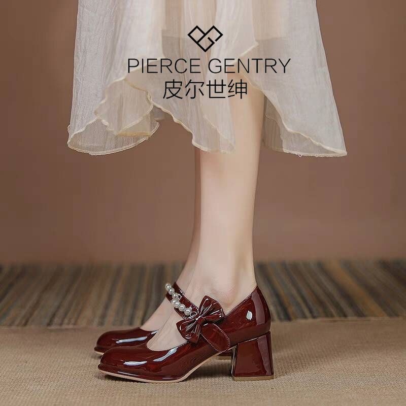 Pierre Squire wine red High Heels Autumn Women's Petite Wedding Shoes Bridal Shoes Thick Heel Temper皮尔世绅酒红色高跟鞋秋季女小个子婚鞋新娘鞋粗跟气质玛丽珍单鞋 11.7