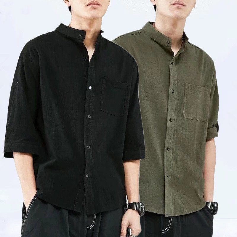 Vintage Baggy Plus Size Summer Plain Loose Stand Collar Oversized Casual Cotton Linen Shirt Men Short Sleeve Shirt