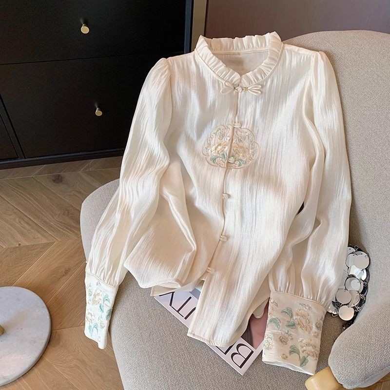 New Chinese Style Embroidered Buttoned Fungus Collar Shirt Women Spring 2024 Retro Celebrity Temperament Shirt Thin Top New Chinese Style National Style Embroidered Buttoned Fungus Collar Shirt Women Spring 2024 Retro Celebrity Temperament Shirt Thin Top