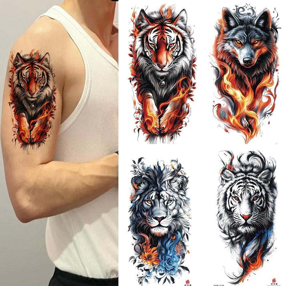 2025 Tattoos Waterproof Temporary Sticker Fire Forest Colorful Wolf Tiger Crown Fake Tattoo Realistic for Men Women Half Arm Body Arm Fake Tattoo