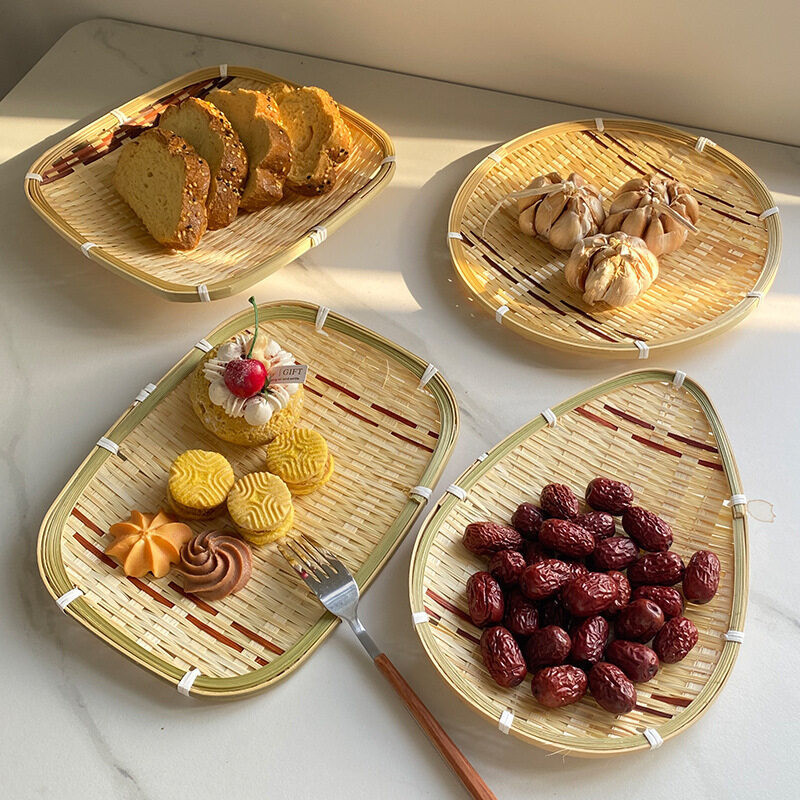 Rustic Bamboo Serving Tray - Round Snack Basket for Kitchen & Dining, Perfect for Fruit, Vegetables