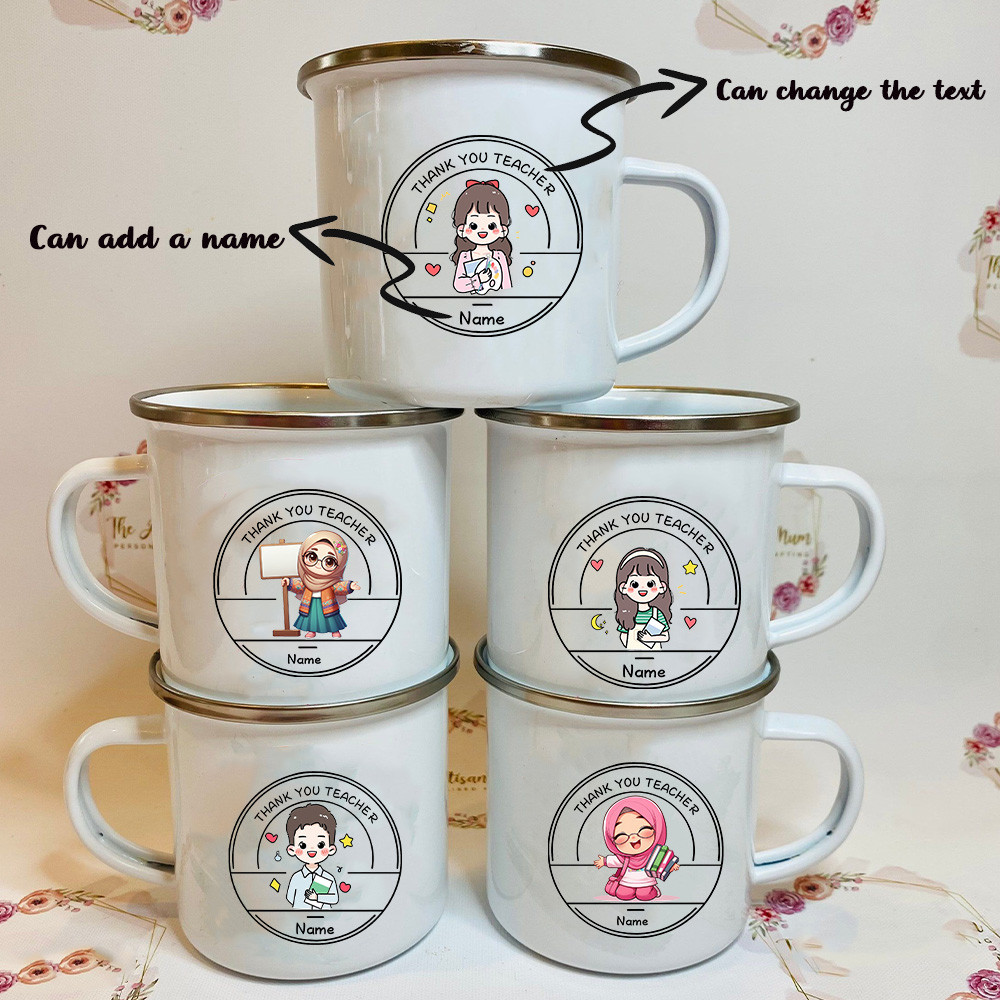 Personalized Custom Name Thank You Teacher Cartoon Print Enamel Coffee Mugs TQ Teacher Fashion Hot Cocoa Chocolate Cups Drink Wine Mug Drinkware Teacher's Day Gifts