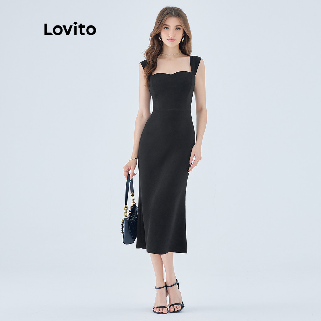 Lovito Elegant Plain Asymmetrical Sleeveless Fishtail Maxi Dress for Women L49ED118 (Black) Lovito Gaun Maxi Ekor Ikan Tanpa Lengan Asimetris Polos Elegan untuk Wanita