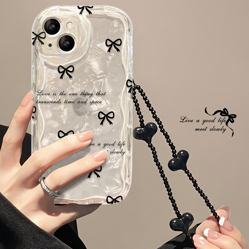 GEEONE Phone Case For Iphone 16 15 14 13 12 Black Bow Chain Transparent Silicone