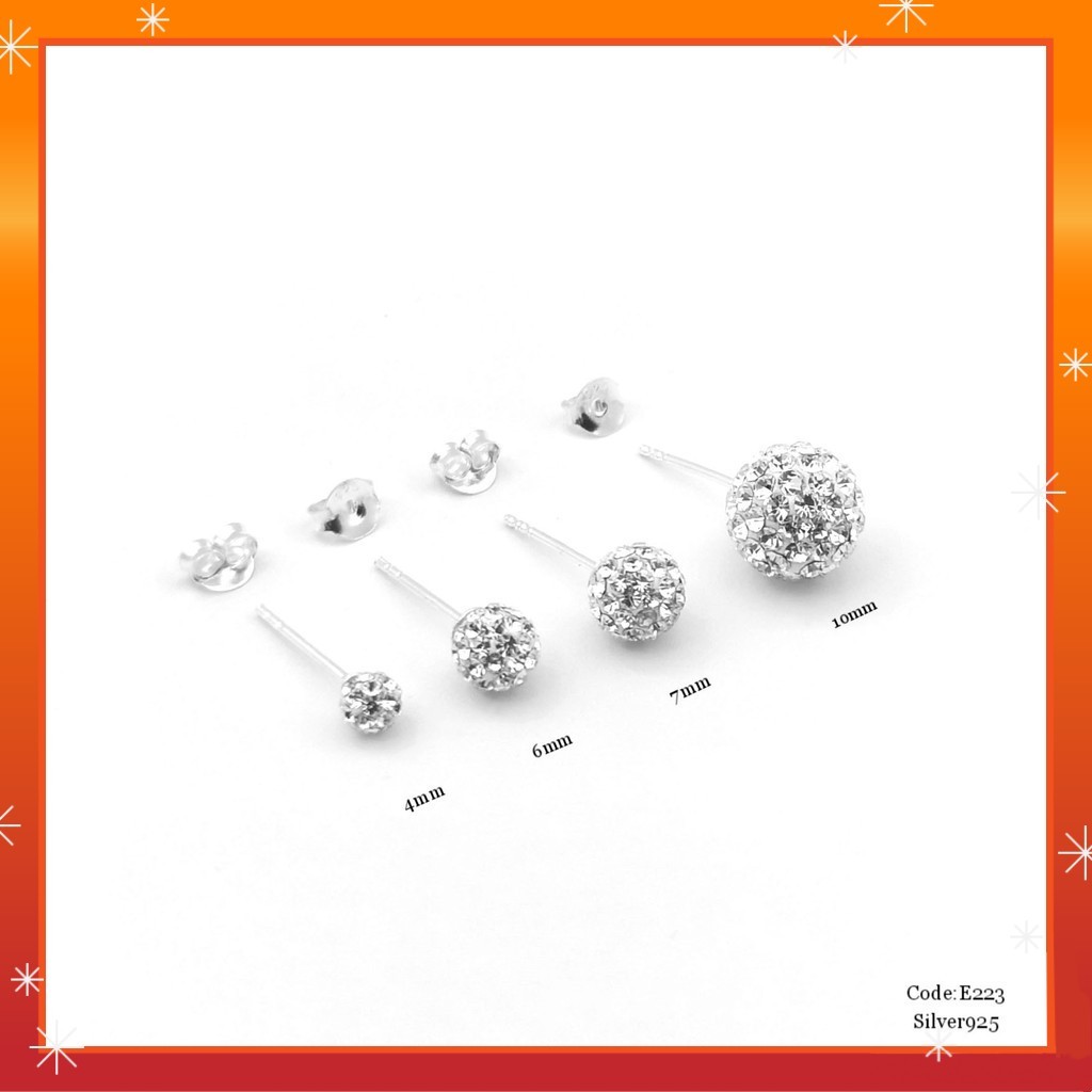 PROMO#E223 Silver 925 Crystal Glitter Ball Stud Earrings (Subang) Original Silver