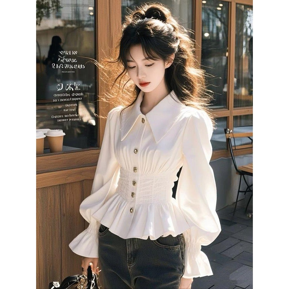SARICHIC French Retro Lantern Sleeve Long Sleeve Shirt for Women Palace Style Waist Elegant Short Top 99146