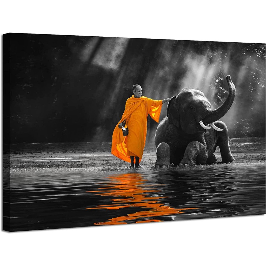 Black and White Wall Art Buddha Decor Zen Canvas Painting Thai Elephant Monk Water Shore Shooting Photo Peaceful Good Luck Elephant Artwork For Yoga M... wall dec