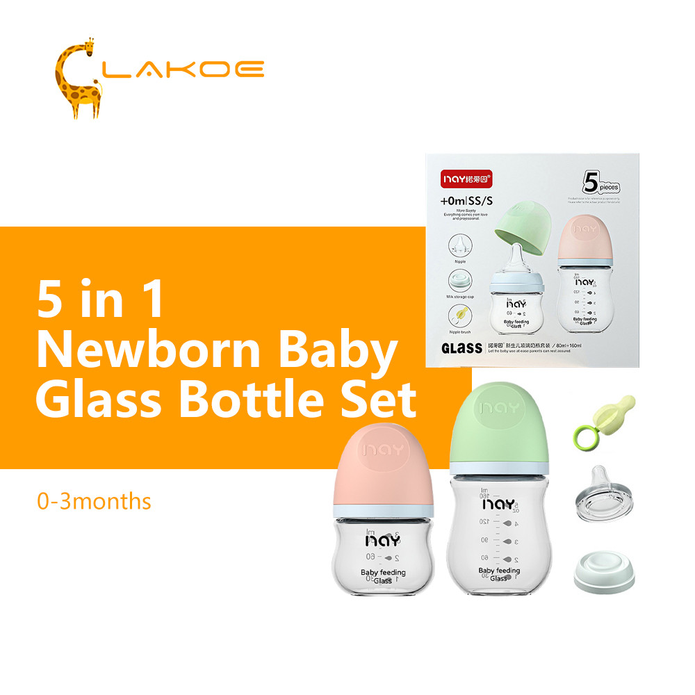 Lakoe 5in1 Newborn Baby Milk Glass Bottle Set Wide Neck Bottle with Anti Colic Nipple Soft Touch Puting Botol Susu Baby