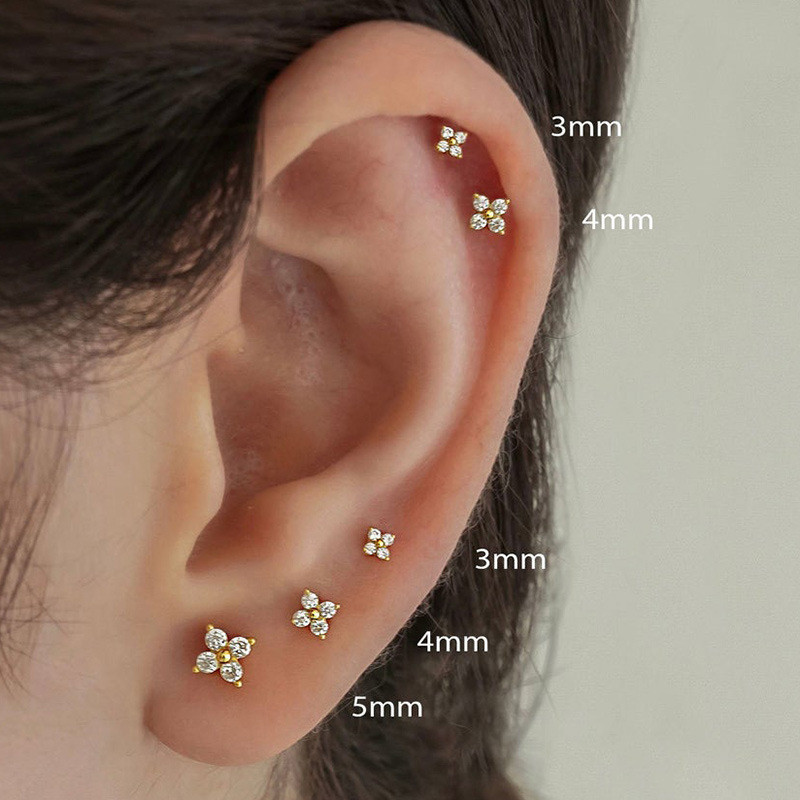 Dainty Flower Gold Plated Stud Earrings for Women Cartilage Ear Ring Zircon Gold/silver/rose Gold Clover Hypoallergenic Jewelry for Kids Gift