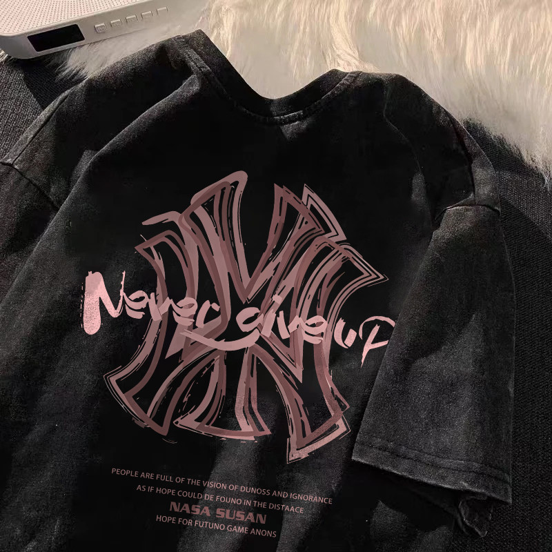 P001806* NUZIRO Vintage Wash Black Letter 'MYB' Print / Korean Top Style T-Shirt Women's / 100% Cotton Oversized Loose Shirt Women's / Women's T-Shirt Short Sleeve Top Clothes