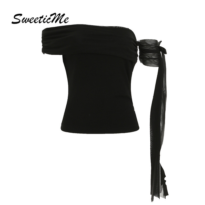 SweeticMe Women's Tops 2025 New Fashion Solid Color Slim Fit Streamer Off Shoulder T-shirt