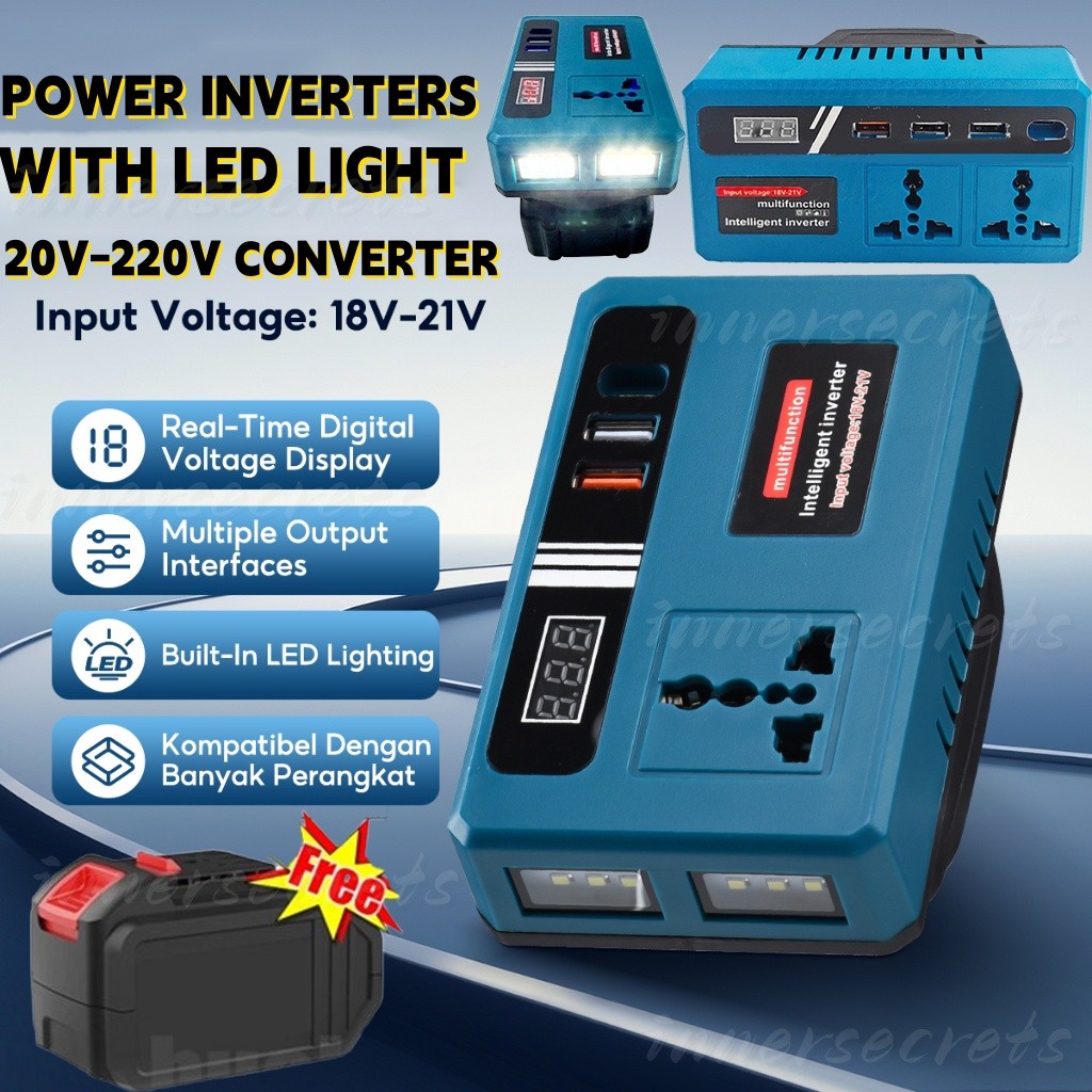 Portable Power Inverters with Led Light for MAKITA Battery Inverter 20v to220v Converter with 3 USB AC Outlet and Type-C