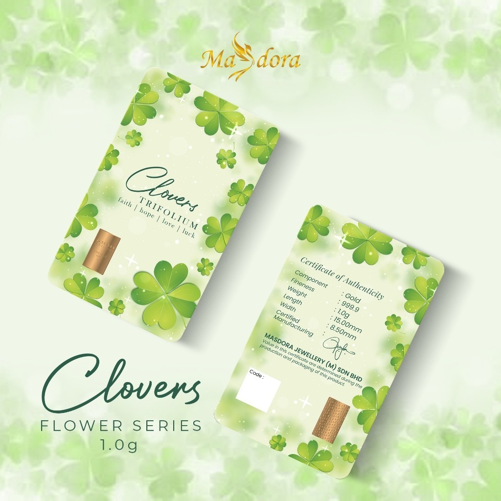 MASDORA 999.9 Gold Bar 1.00GM Flower Series ~ Clover (EMAS 999.9/24K)