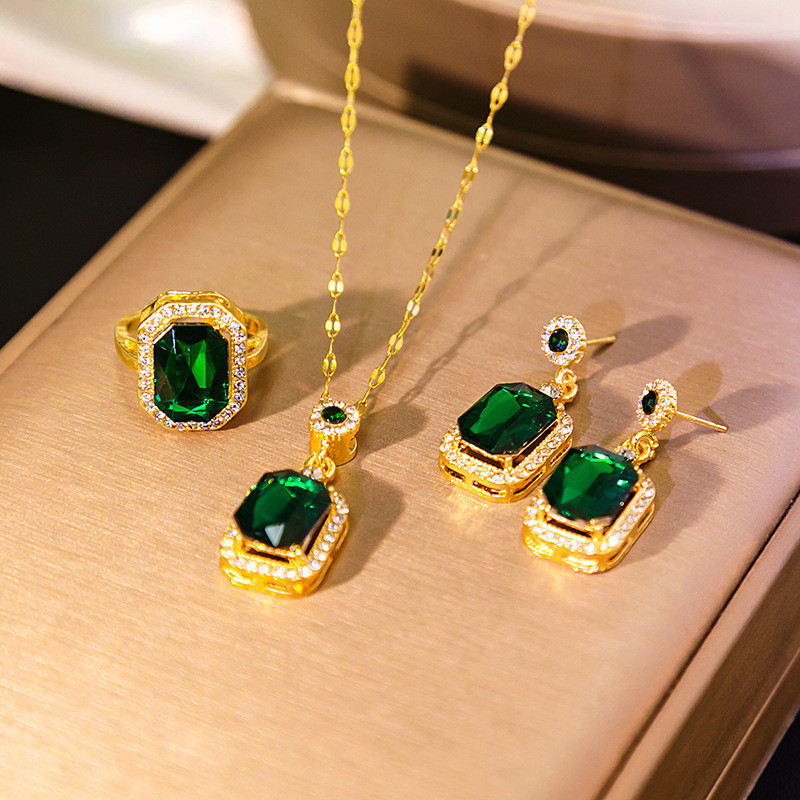 Jewelry Set 3 Pcs Emerald Diamond Necklace Earrings Ring Fashion Women Jewelry Set Gift Set for Woman