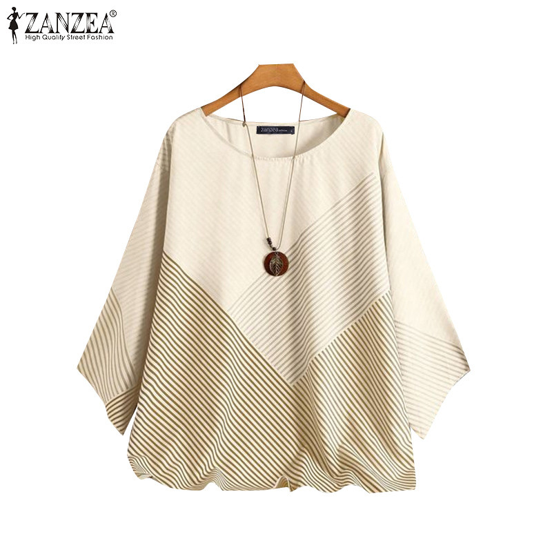 ZANZEA Women Korean Casual Round Neck Long Sleeve Striped A-Line T-Shirts