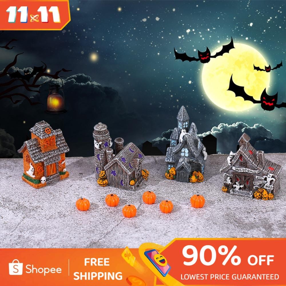 1ONLYTWO 10pcs Miniature Ornaments, Halloween Pumpkin Village Accessories, Cute Resin Haunted House Fake Spiders Bat Desktop Figurines Home Bar Decor