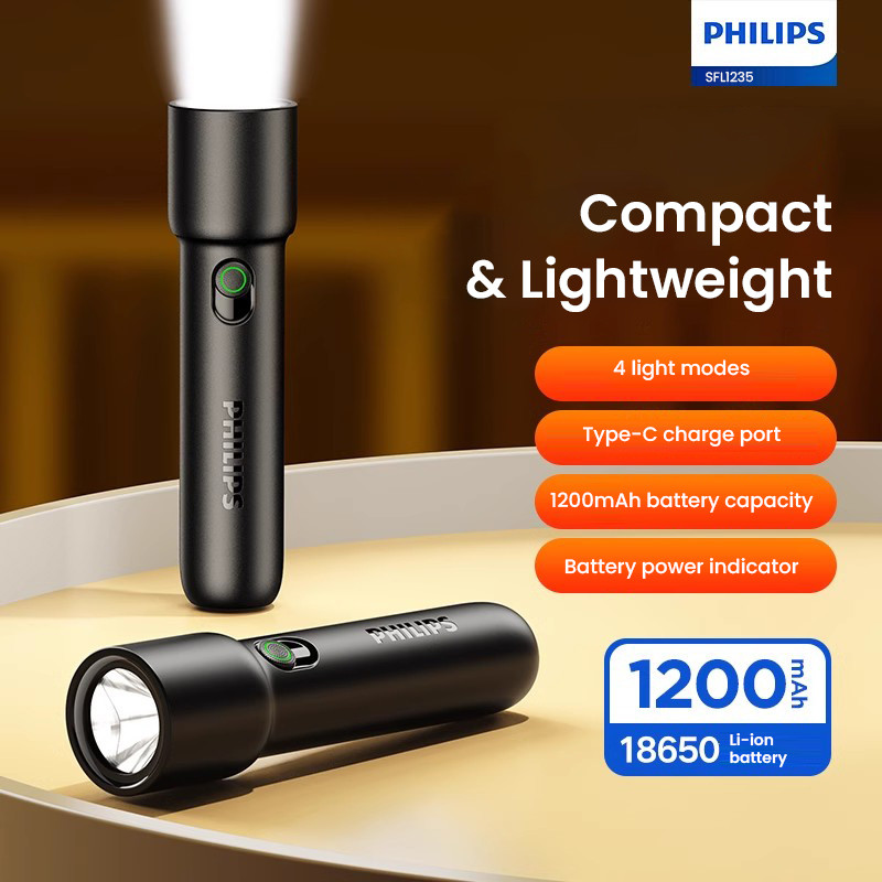 Philips 2024 New EDC Portable Flashlight Rechargeable LED Flashlights for Defensa Personal Self Defense Camping Hiking