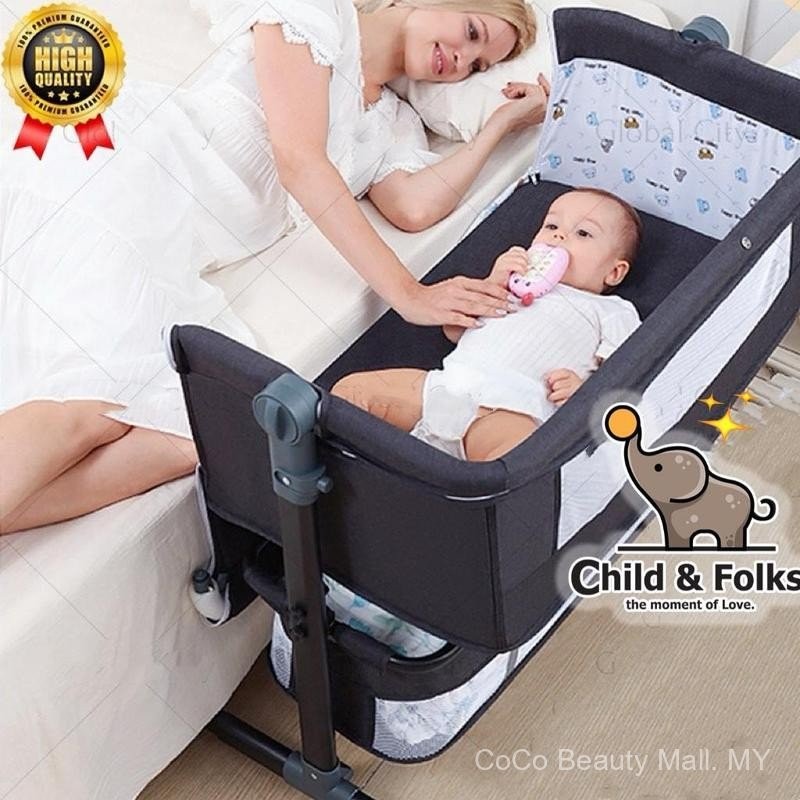 【Baby Cot】Large Size Baby Cot Baby Side Crib Multifunctional Cradle Stitching Large Bed Foldable Cradle Green Dark Brown Katil Bayi Full Set Pillow Toys