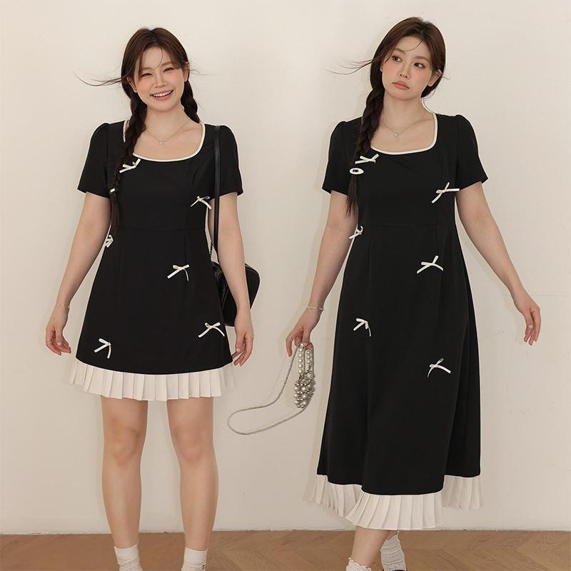 COD Fashionable French Hepburn style patchwork bow, waist cinching and slimming knit dress for women