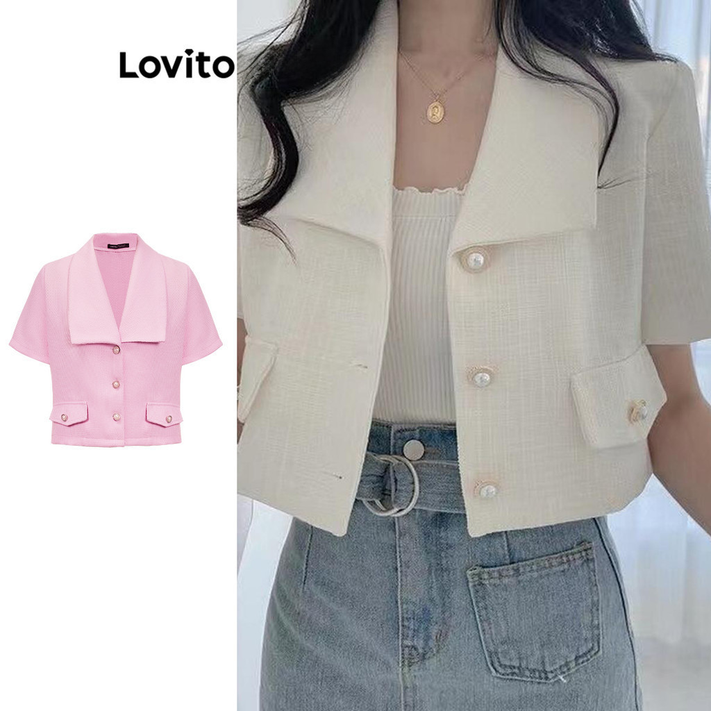 Lovito Casual Plain Button Front Pearls Fake Pocket Blazer for Women LNA39043 (Multi-color) Lovito Blazer Saku Palsu Mut