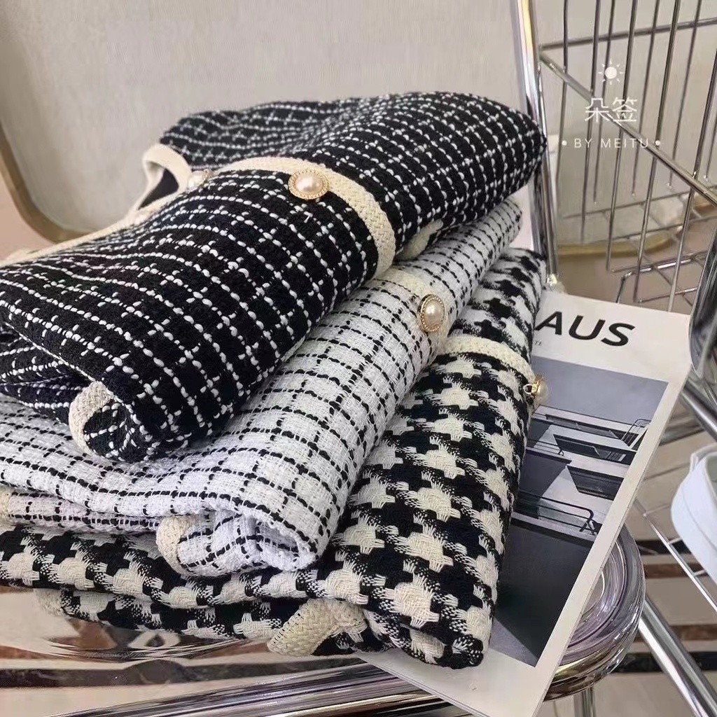 korean women fashion loose retro houndstooth plaid blazer jacket coat 