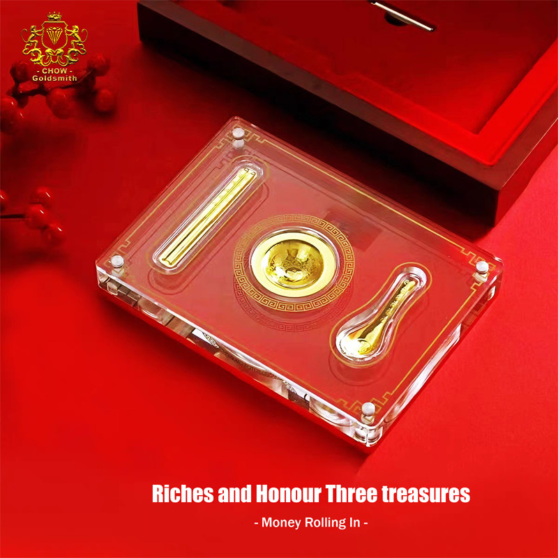 【CHOW Goldsmith】999 Pure Gold 3-Piece Set (2g) Fine Gold Bowls Spoons Chopsticks Riches and Honour Gold Bar Set