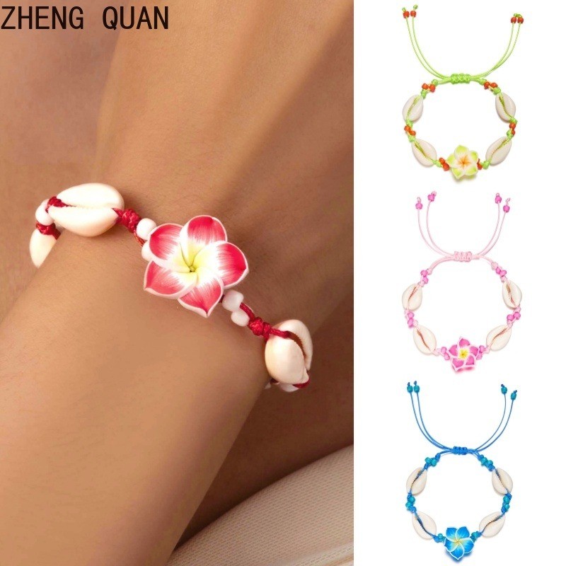 Handmade Colorful Polymer Clay Flower Shell Bracelet Handmade Braided Cord Bracelets Adjustable Boho Beach Jewelry Gift for Women Fashion Accessories Summer