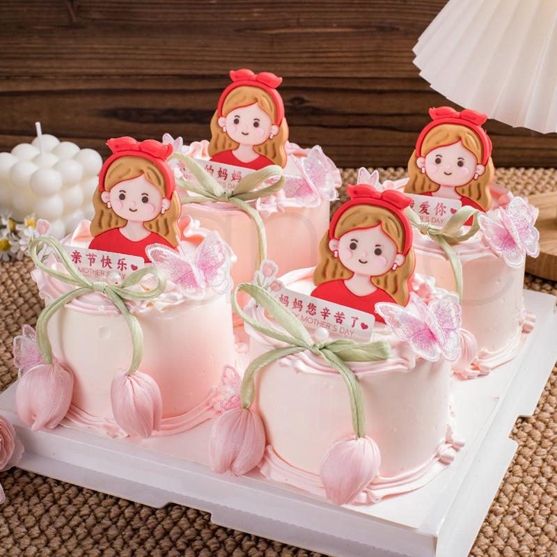2026 Mother's Day Soft Rubber Red Dress Girl Cake Decoration Tulip Blossoms Mom Hard Work Cake Dessert Table Decoration