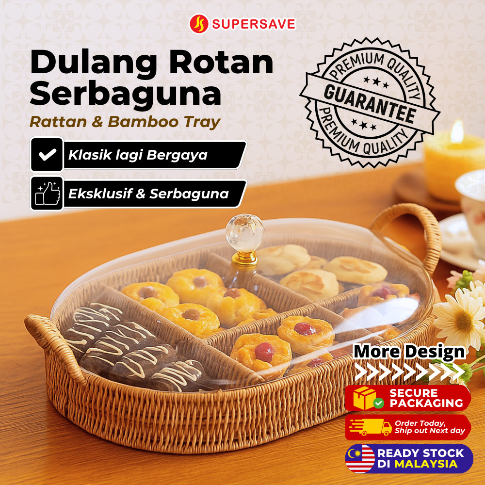 SUPERSAVE Bamboo Tray Raya Rattan Tray with Container Lid Rustic Vintage Handles Nuts Storage Dulang Rotan