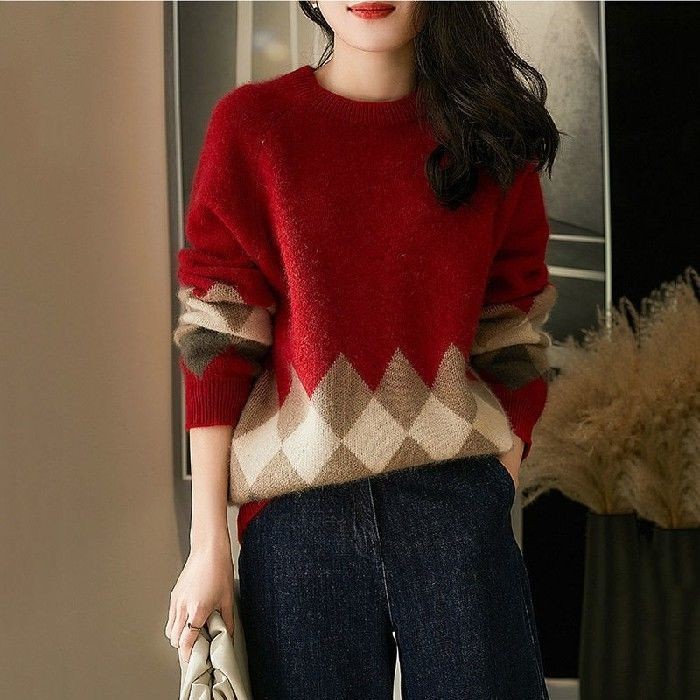 Women's Sweater 2024 Spring/Autumn Korean Edition Christmas Red Round Neck Loose Large Size Versatile Long Sleeve Top